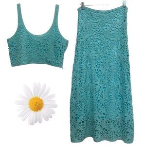 NWT House Of Harlow 1960 2pc Set Aqua Crochet Knit Crop Top + Midi Skirt Size S